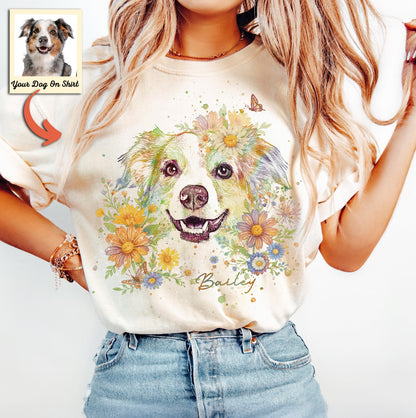 Floral Dog Portrait Bella Canvas T-Shirt, custom pet portrait gift for pet lovers (view 8)