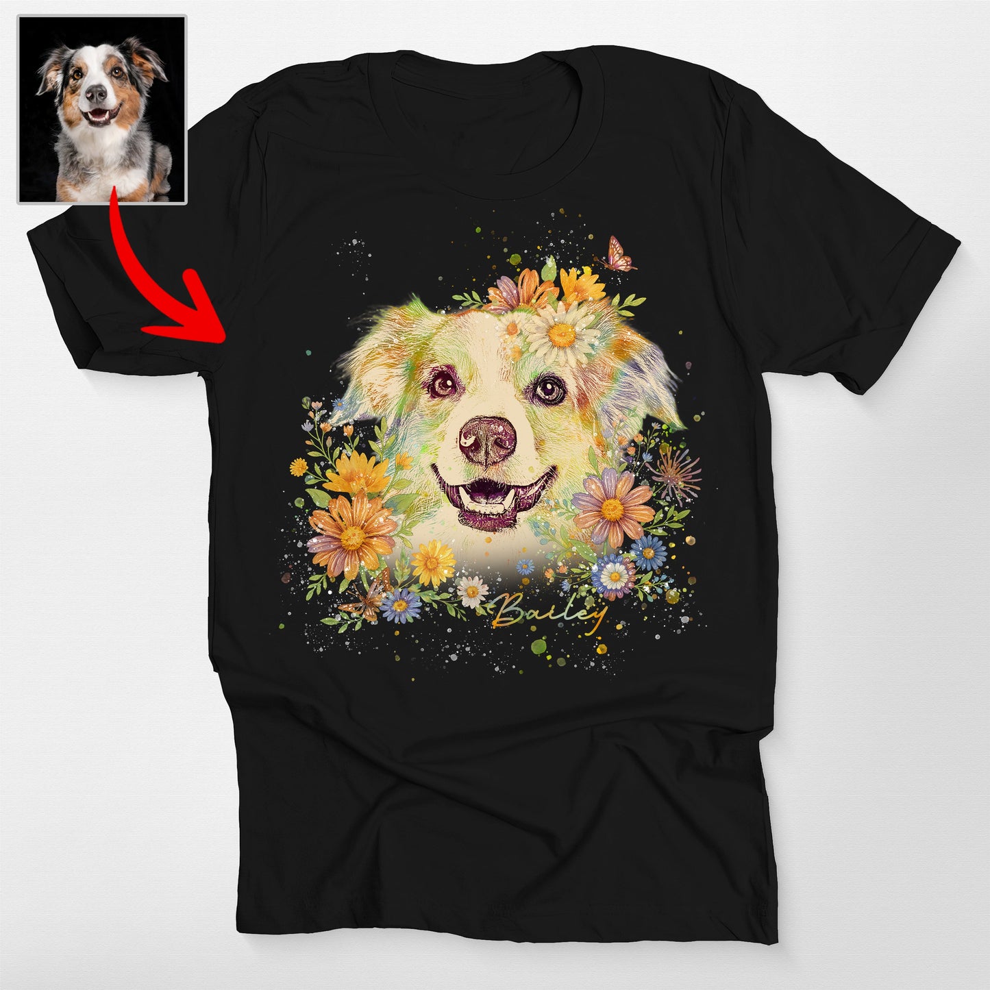 Floral Dog Portrait Bella Canvas T-Shirt, custom pet portrait gift for pet lovers (view 2)