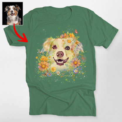 Floral Dog Portrait Bella Canvas T-Shirt, custom pet portrait gift for pet lovers (view 4)