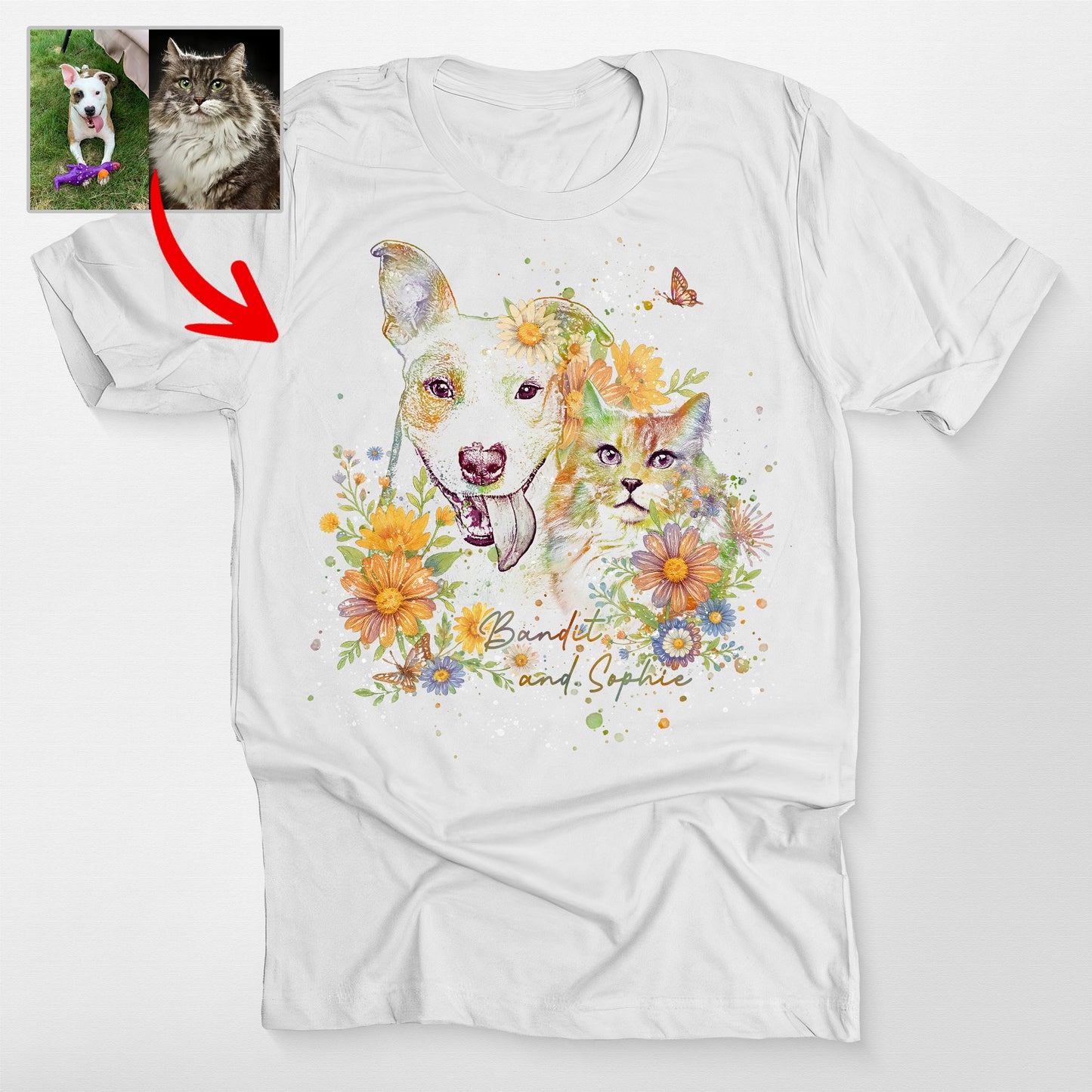 Floral Dog Portrait Bella Canvas T-Shirt, custom pet portrait gift for pet lovers (view 7)
