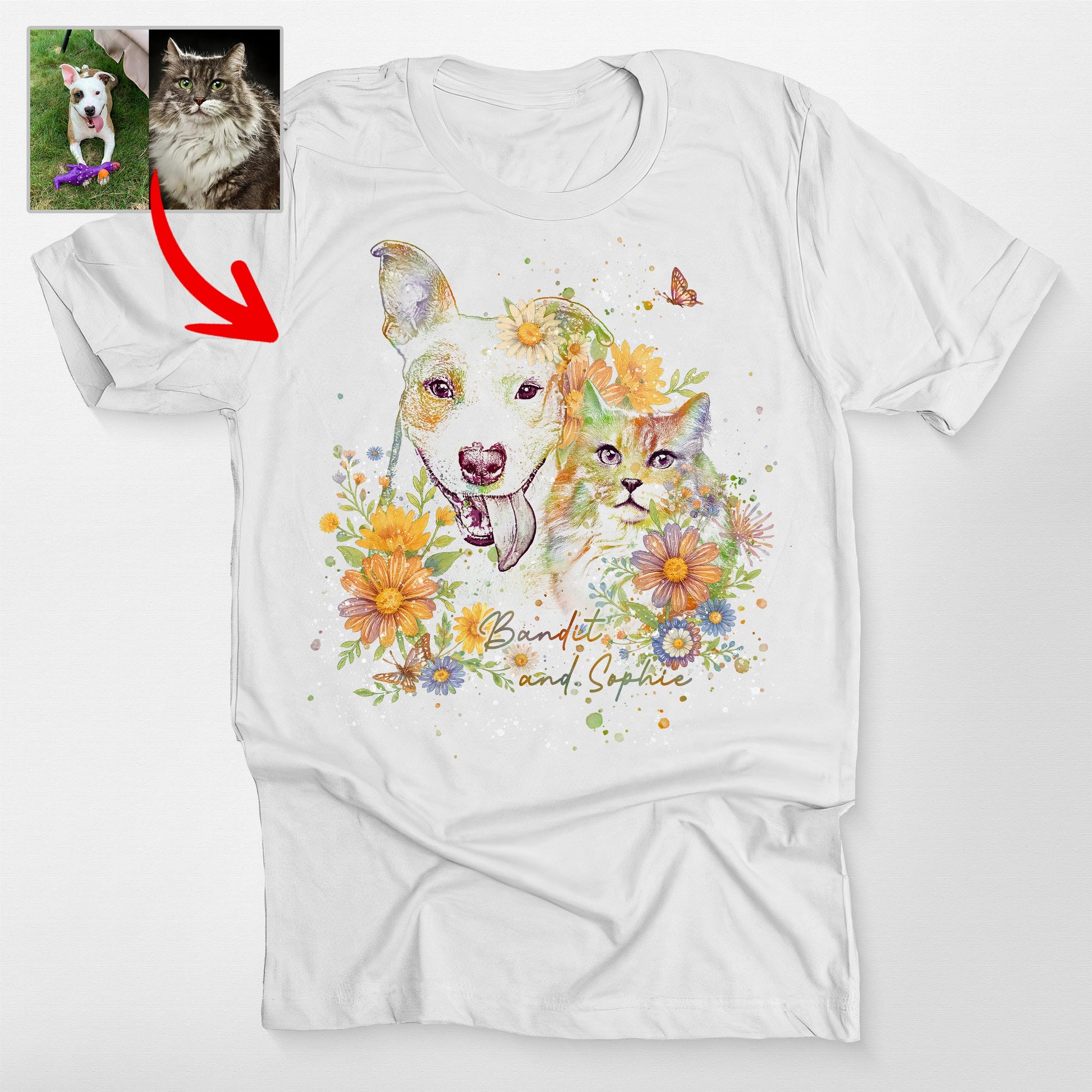 Floral Dog Portrait Bella Canvas T-Shirt, custom pet portrait gift for pet lovers (view 7)