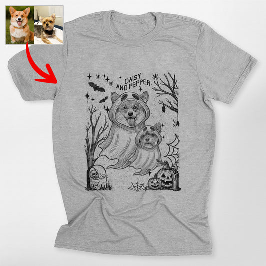 Halloween Gothic Dog Ghost Shirt Bella Canvas, custom pet portrait gift for pet lovers
