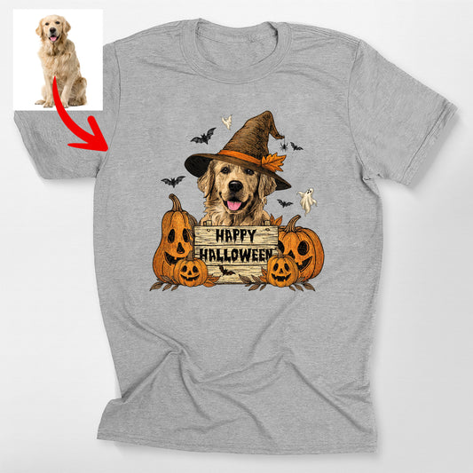 Happy Halloween Dog Witch Bella Canvas T-Shirt, custom pet portrait gift for pet lovers