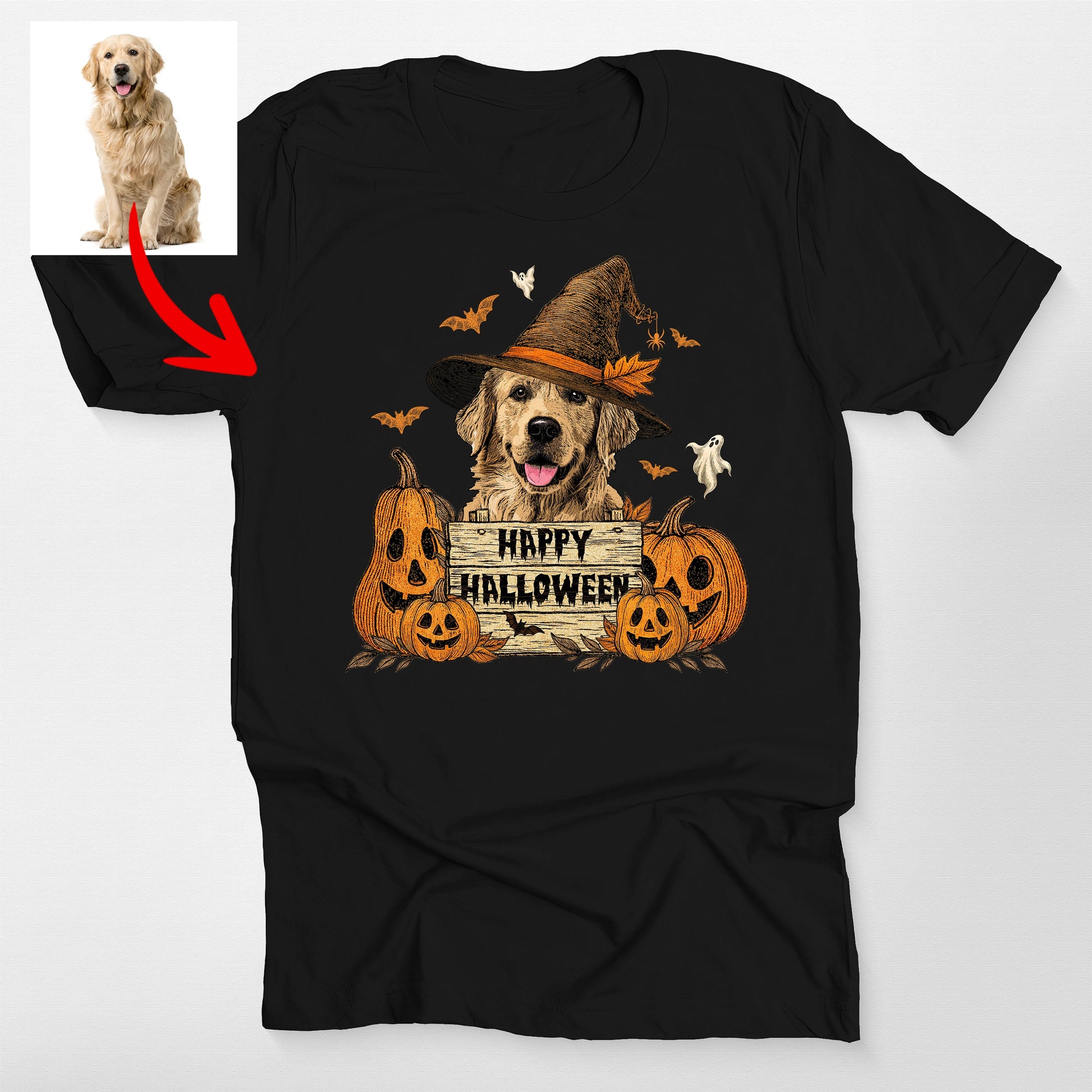 Happy Halloween Dog Witch Bella Canvas T-Shirt, custom pet portrait gift for pet lovers (view 2)