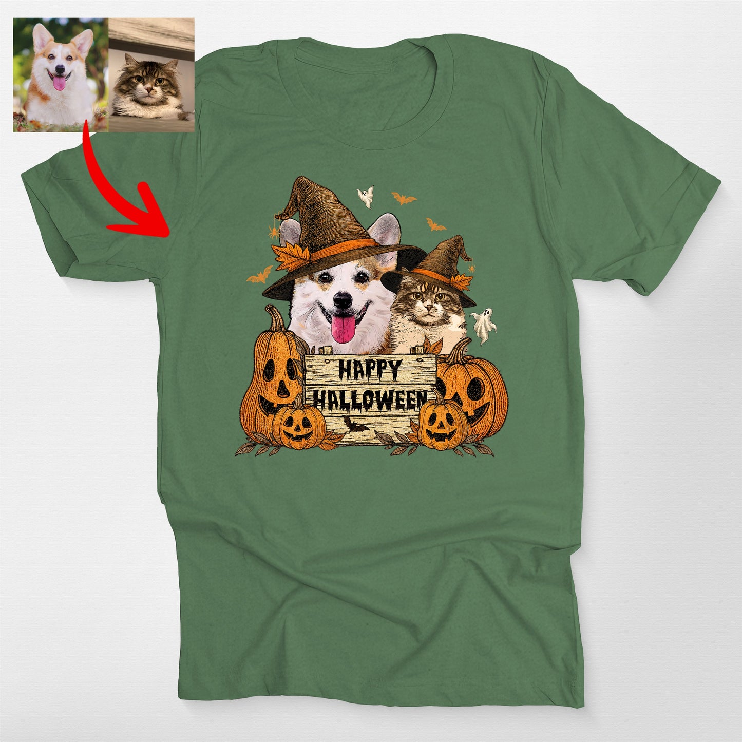 Happy Halloween Dog Witch Bella Canvas T-Shirt, custom pet portrait gift for pet lovers (view 3)
