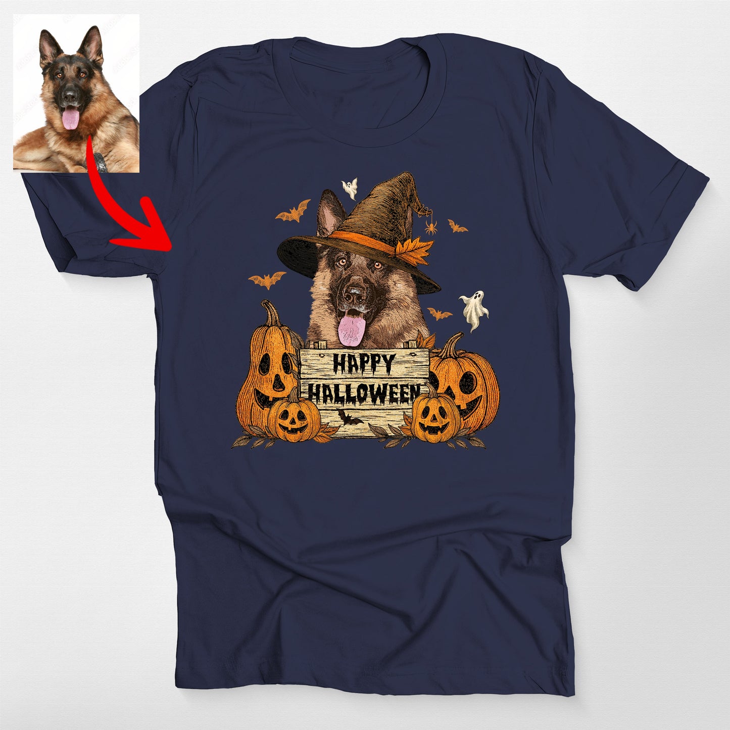 Happy Halloween Dog Witch Bella Canvas T-Shirt, custom pet portrait gift for pet lovers (view 5)