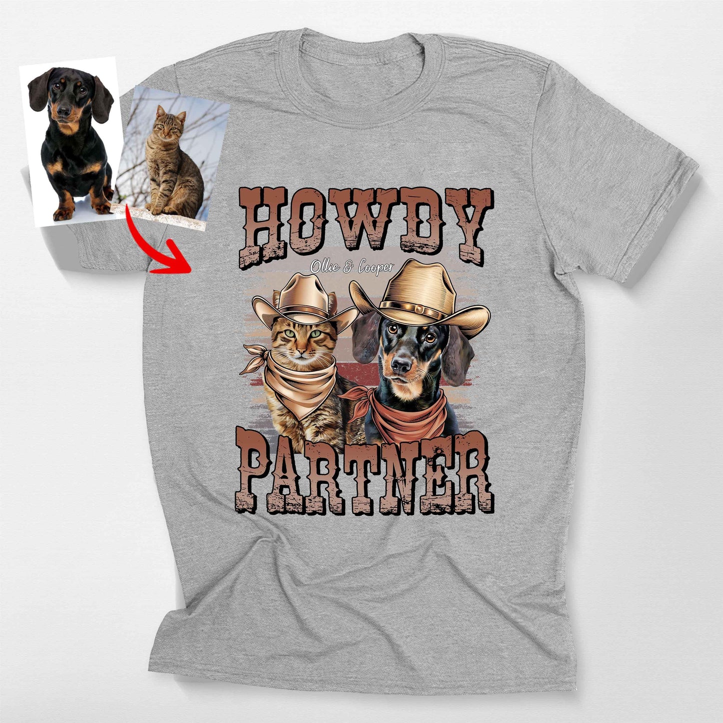Howdy Partner Cowboy Pet Shirt Bella Canvas Tee, custom pet portrait gift for pet lovers