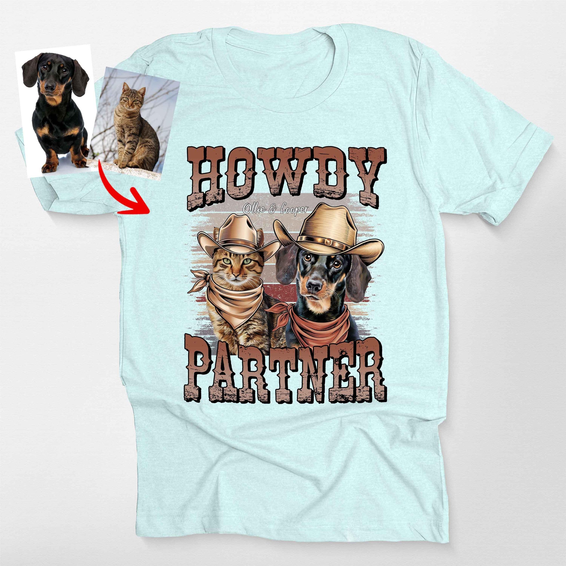 Howdy Partner Cowboy Pet Shirt Bella Canvas Tee, custom pet portrait gift for pet lovers (view 3)