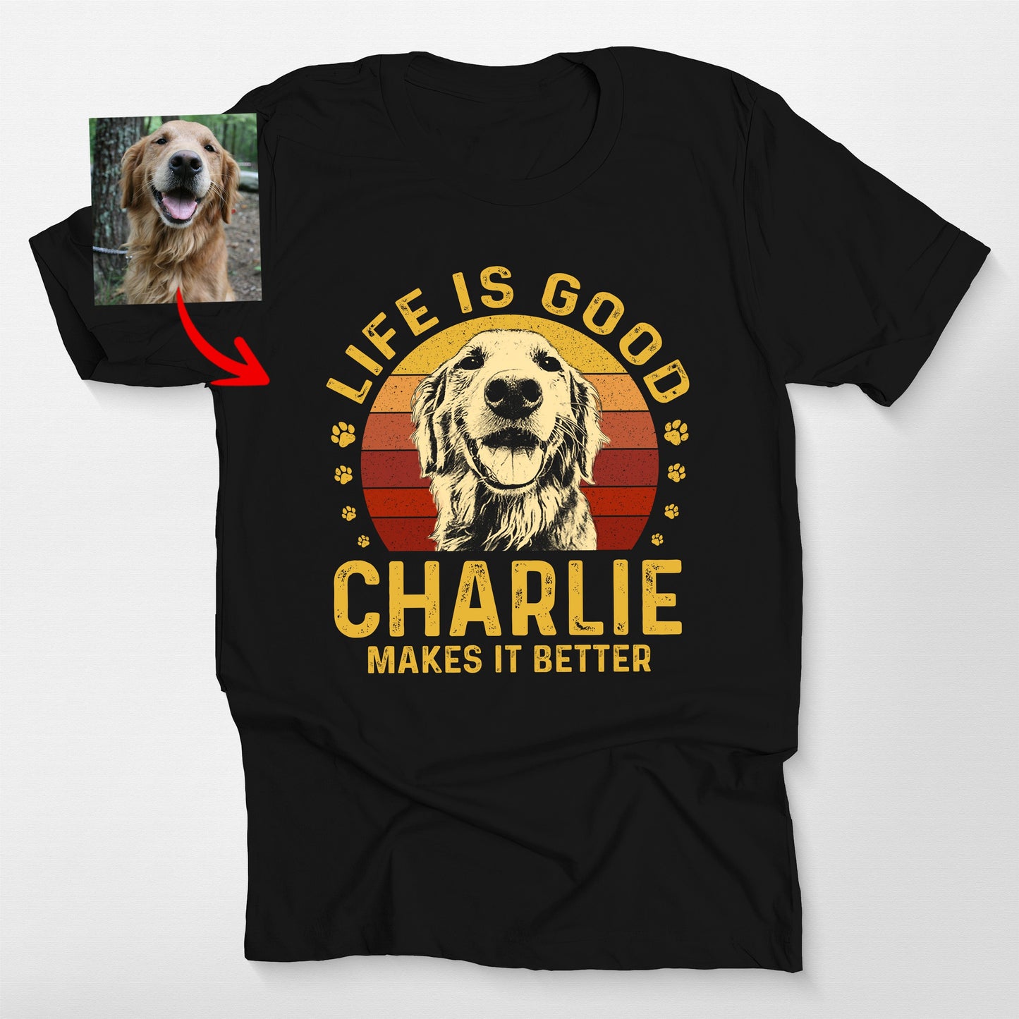 Life is Good Custom Dogface Bella Canvas Tee, custom pet portrait gift for pet lovers (view 2)
