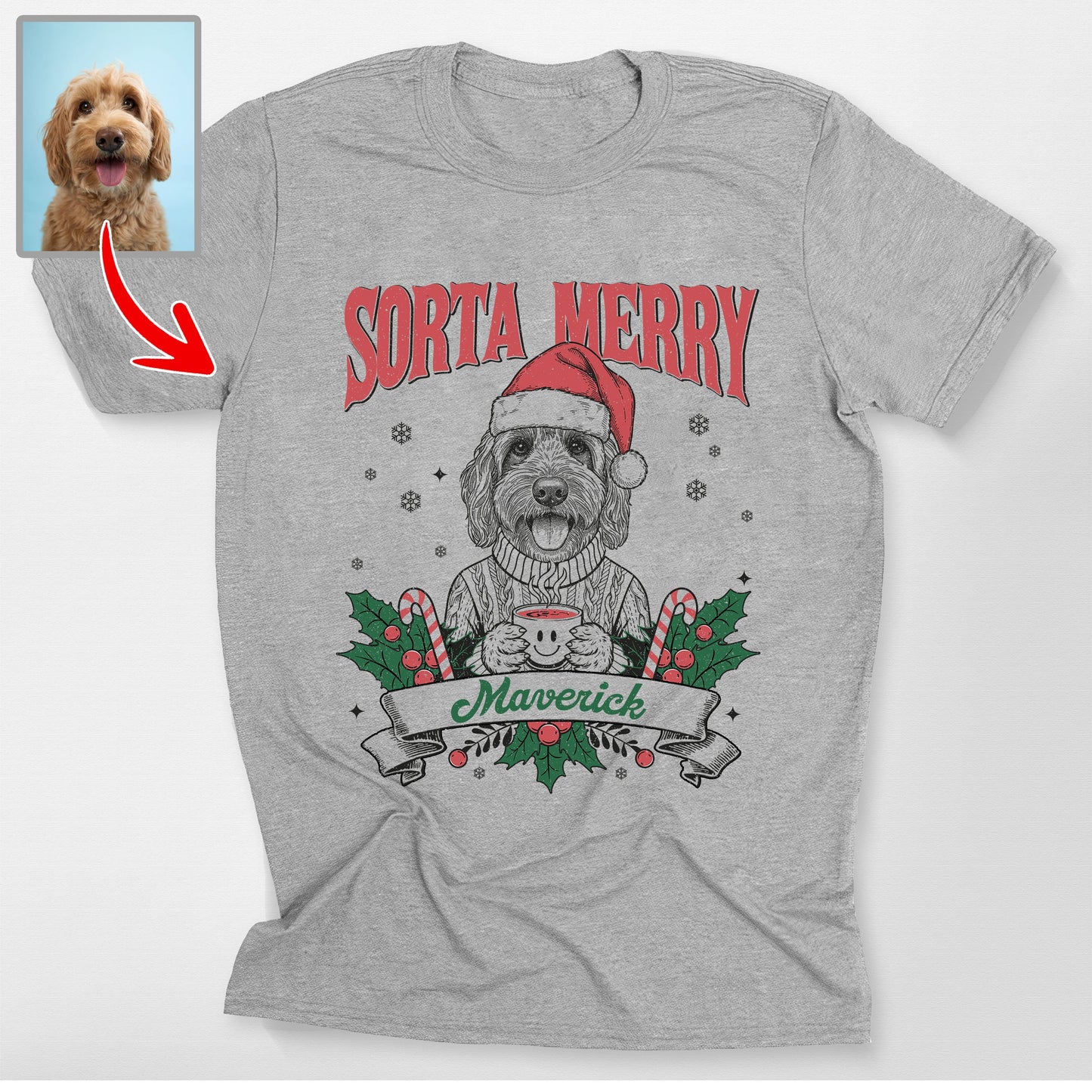 Sorta Merry Custom Dog Christmas Bella Canvas, custom pet portrait gift for pet lovers