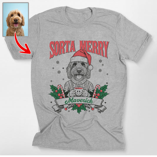 Sorta Merry Custom Dog Christmas Bella Canvas, custom pet portrait gift for pet lovers