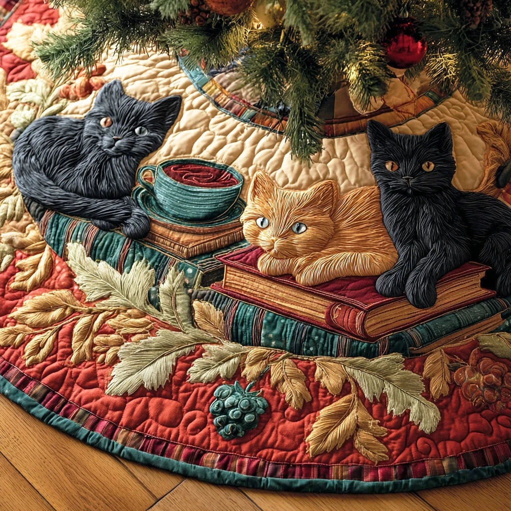 Night Library Cat Christmas Quilted Tree Skirt