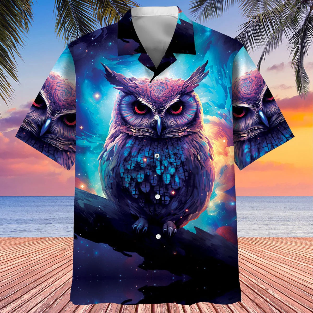 Night Sci Fi Owl Art Hawaiian Shirt, custom shirt gift for men (view 2)