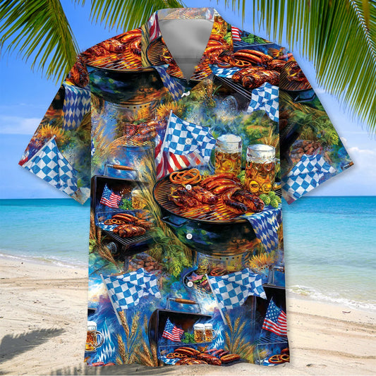 Oktoberfest Bbq Grill with Pretzels and Flags Hawaiian Shirt, custom shirt gift for men