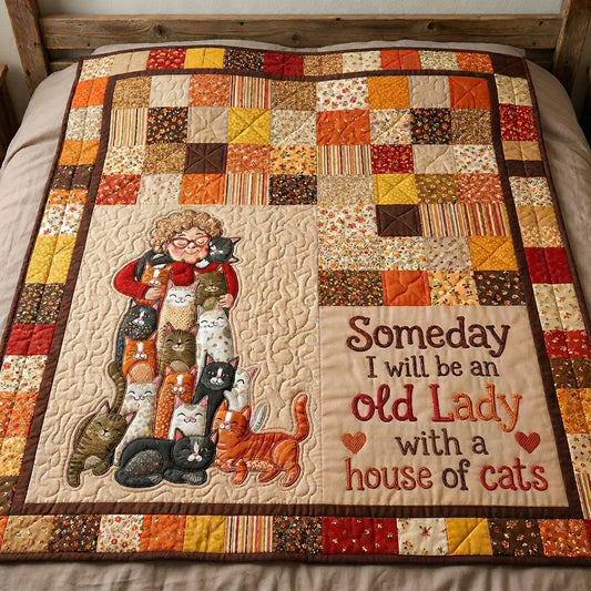 Old Lady With House Of Cats Quilt Blanket