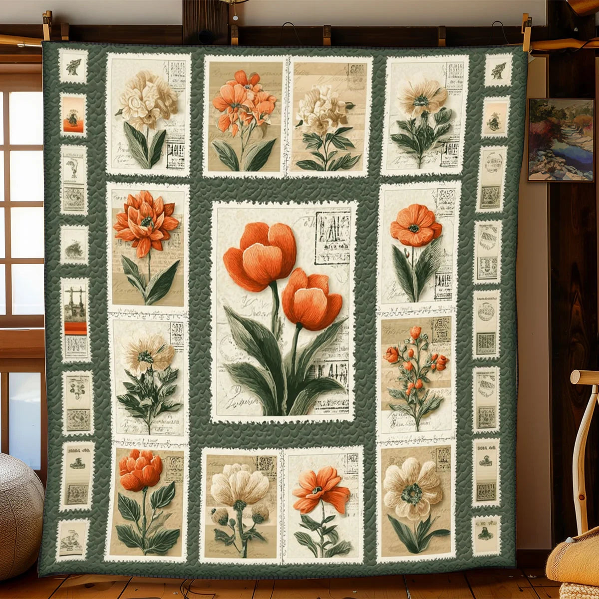 Old World Stamp Florals Quilt Blanket