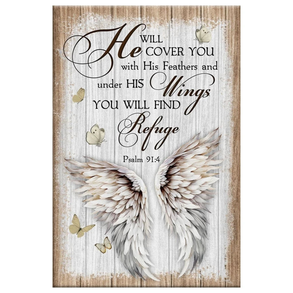 rustic psalm 91 4 he will cover you with his feathers wall art canvas print (Landscape) (view 4)