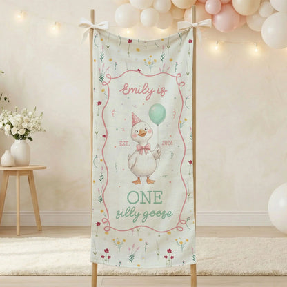 One Silly Goose First Birthday Banner Personalized Goose 1st Birthday Backdrop Custom Name Birthday Tapestry, personalized...