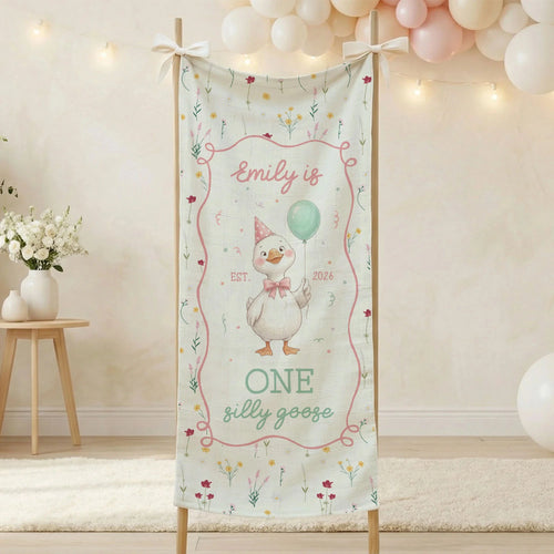 One Silly Goose First Birthday Banner Personalized Goose 1st Birthday Backdrop Custom Name Birthday Tapestry, personalized...