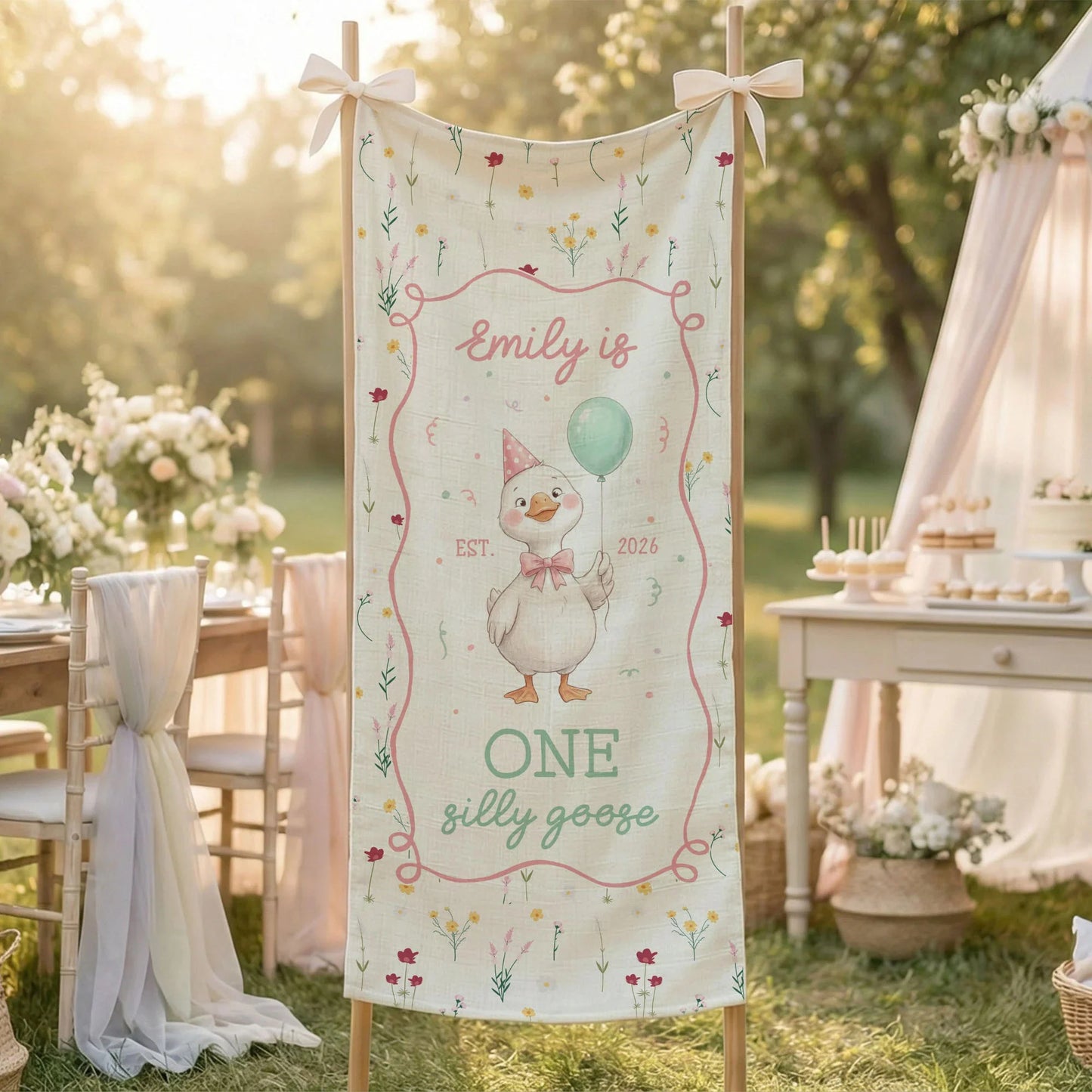 One Silly Goose First Birthday Banner Personalized Goose 1st Birthday Backdrop Custom Name Birthday Tapestry, personalized...