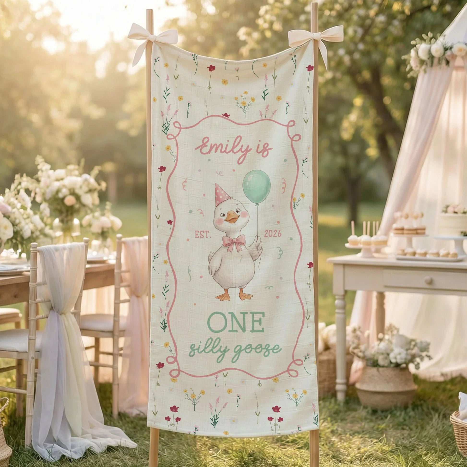 One Silly Goose First Birthday Banner Personalized Goose 1st Birthday Backdrop Custom Name Birthday Tapestry, personalized...