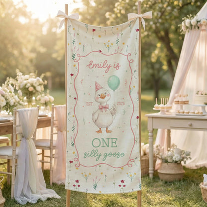 One Silly Goose First Birthday Banner Personalized Goose 1st Birthday Backdrop Custom Name Birthday Tapestry, personalized...