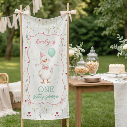 One Silly Goose First Birthday Banner Personalized Goose 1st Birthday Backdrop Custom Name Birthday Tapestry, personalized...