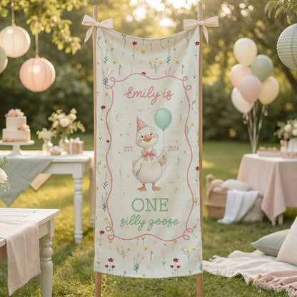 One Silly Goose First Birthday Banner Personalized Goose 1st Birthday Backdrop Custom Name Birthday Tapestry, personalized...