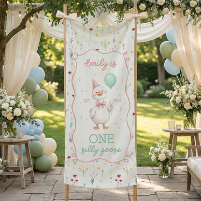 One Silly Goose First Birthday Banner Personalized Goose 1st Birthday Backdrop Custom Name Birthday Tapestry, personalized...