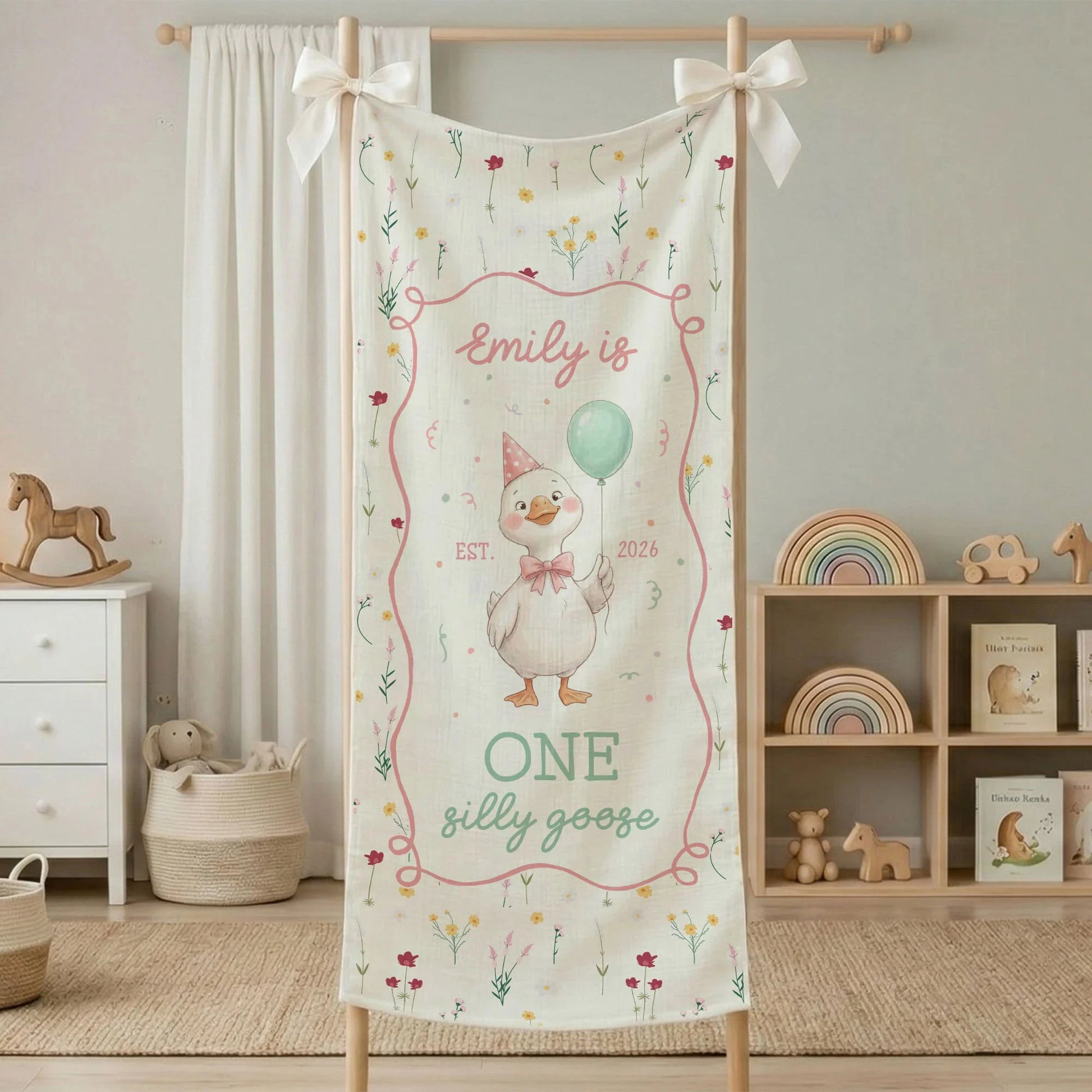 One Silly Goose First Birthday Banner Personalized Goose 1st Birthday Backdrop Custom Name Birthday Tapestry, personalized...
