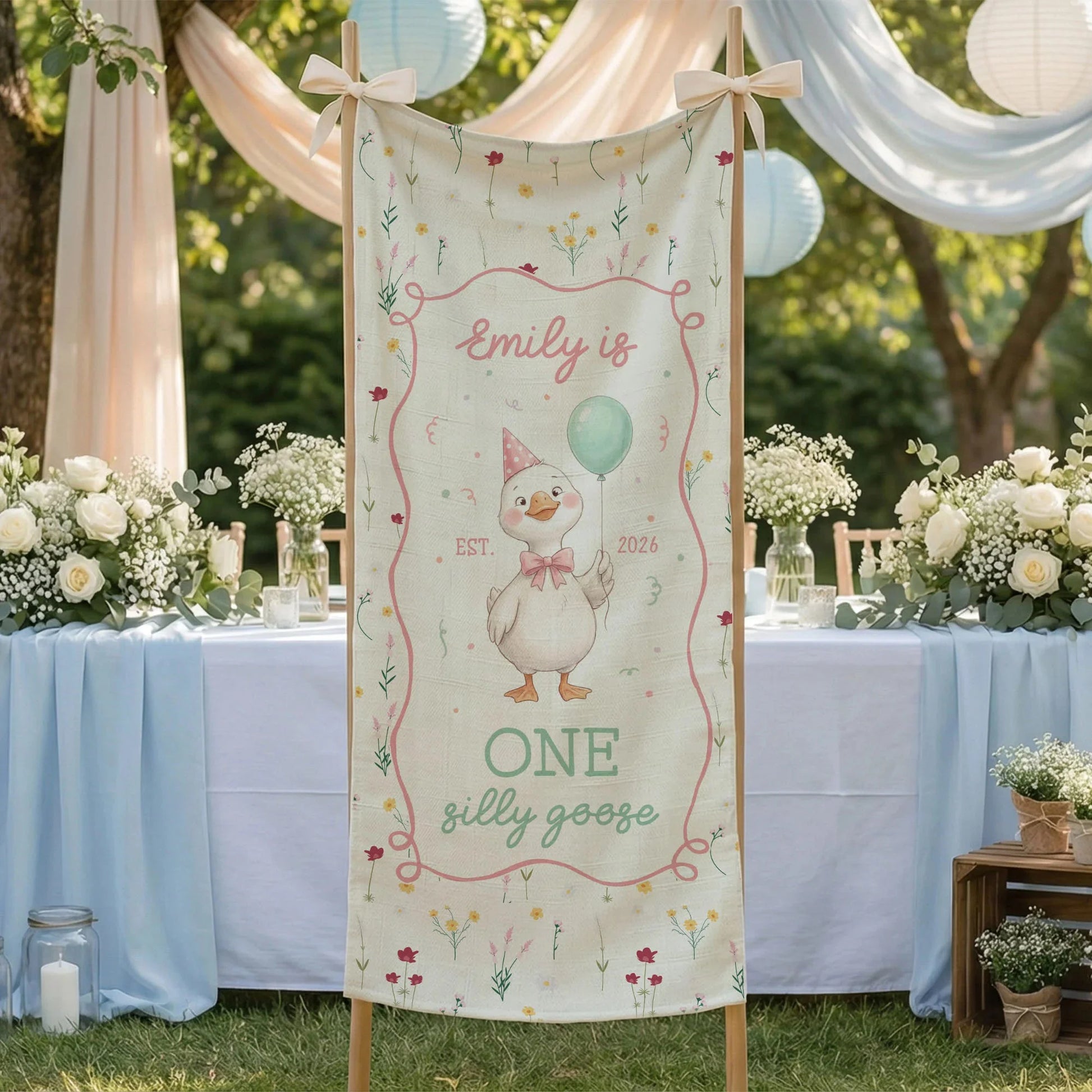 One Silly Goose First Birthday Banner Personalized Goose 1st Birthday Backdrop Custom Name Birthday Tapestry, personalized...