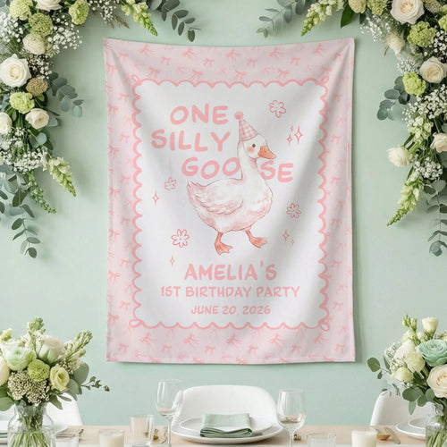 One Silly Goose First Birthday Banner Personalized Goose 1st Birthday Backdrop Custom Name Birthday Banner, personalized b...