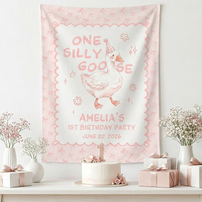 One Silly Goose First Birthday Banner Personalized Goose 1st Birthday Backdrop Custom Name Birthday Banner, personalized b...