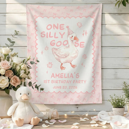 One Silly Goose First Birthday Banner Personalized Goose 1st Birthday Backdrop Custom Name Birthday Banner, personalized b...