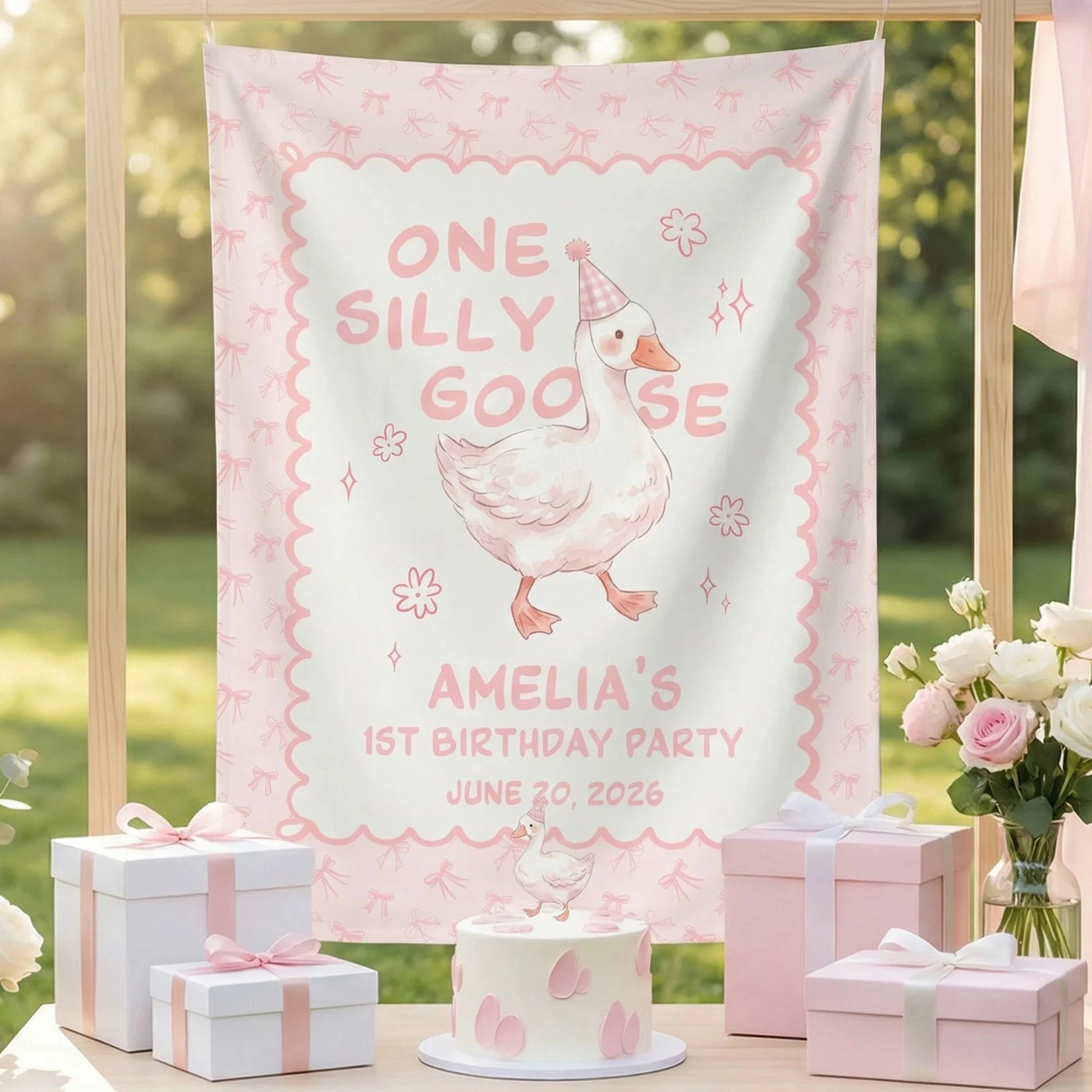 One Silly Goose First Birthday Banner Personalized Goose 1st Birthday Backdrop Custom Name Birthday Banner, personalized b...