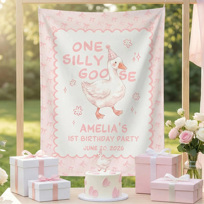 One Silly Goose First Birthday Banner Personalized Goose 1st Birthday Backdrop Custom Name Birthday Banner, personalized b...