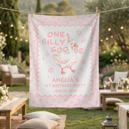 One Silly Goose First Birthday Banner Personalized Goose 1st Birthday Backdrop Custom Name Birthday Banner, personalized b...