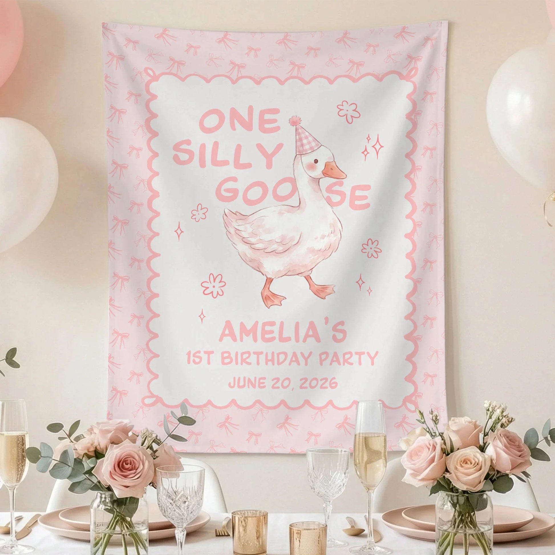 One Silly Goose First Birthday Banner Personalized Goose 1st Birthday Backdrop Custom Name Birthday Banner, personalized b...