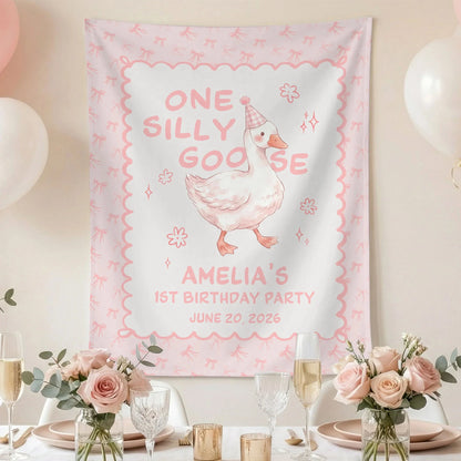 One Silly Goose First Birthday Banner Personalized Goose 1st Birthday Backdrop Custom Name Birthday Banner, personalized b...