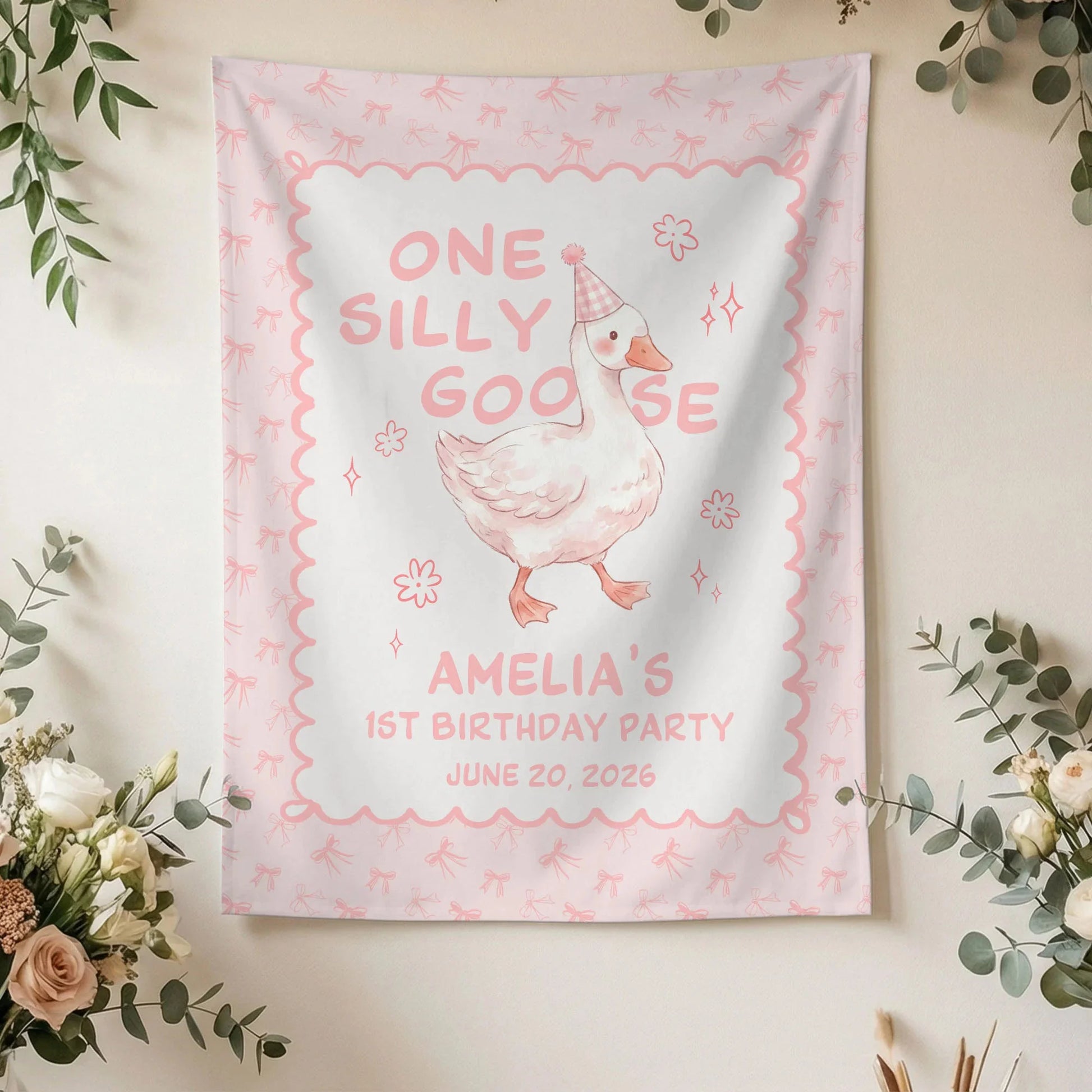 One Silly Goose First Birthday Banner Personalized Goose 1st Birthday Backdrop Custom Name Birthday Banner, personalized b...