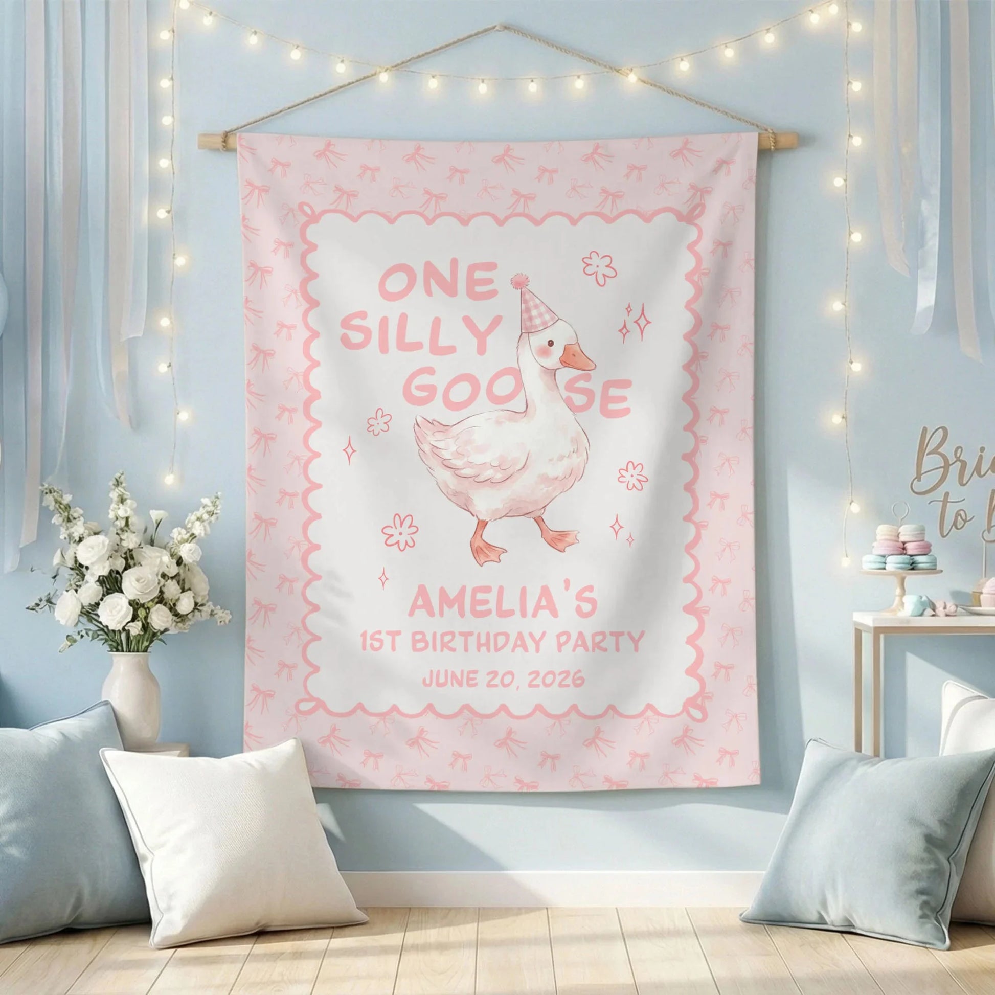 One Silly Goose First Birthday Banner Personalized Goose 1st Birthday Backdrop Custom Name Birthday Banner, personalized b...