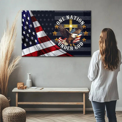 one nation under god bald eagle american flag cross wall art canvas (Landscape) (view 3)