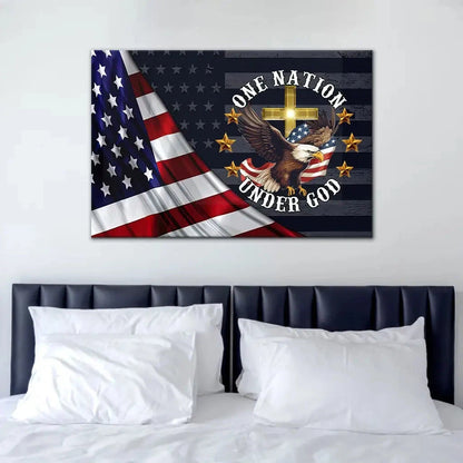 one nation under god bald eagle american flag cross wall art canvas (Landscape) (view 5)