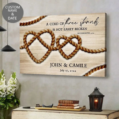 personalized a cord of three strands is not easily broken ecclesiastes 4 12 wall art canvas (Landscape) (view 4)