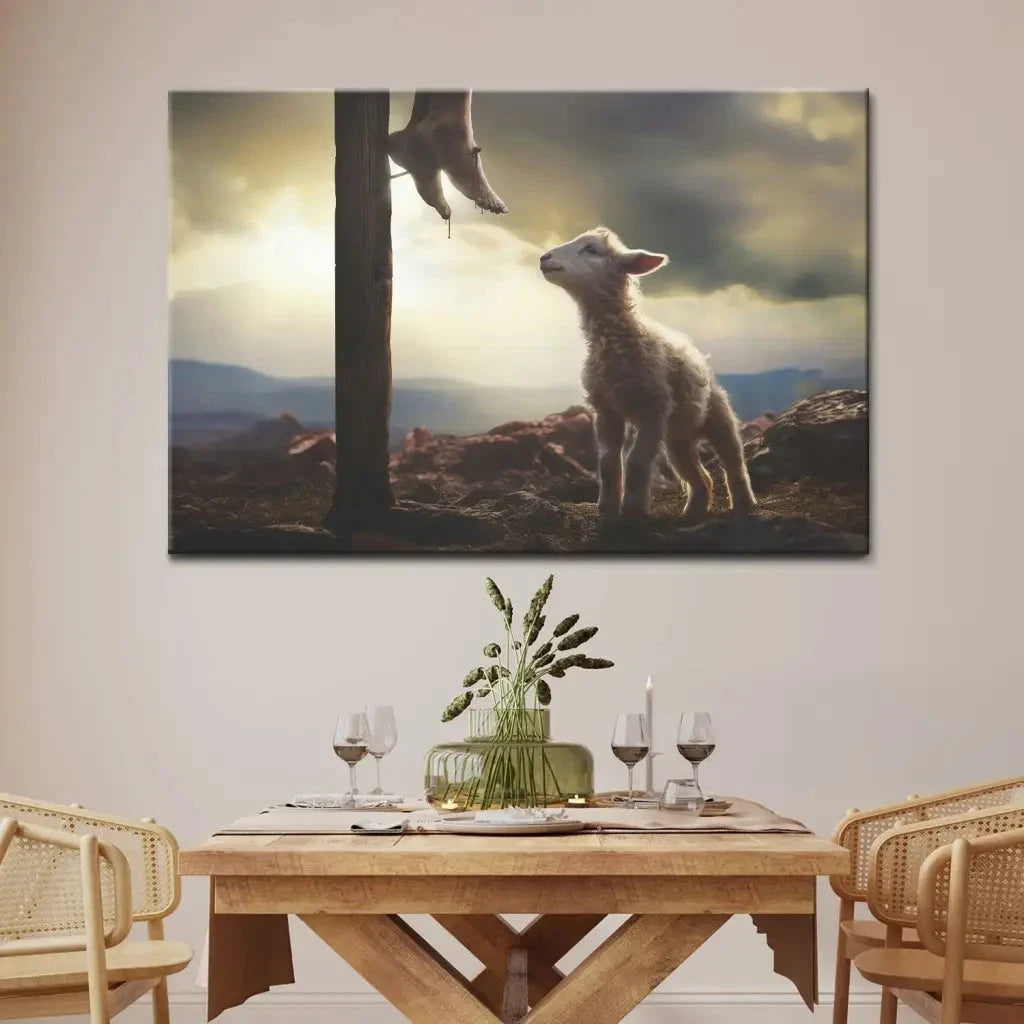 lamb looking up at feet of jesus wall art canvas (Landscape) (view 4)