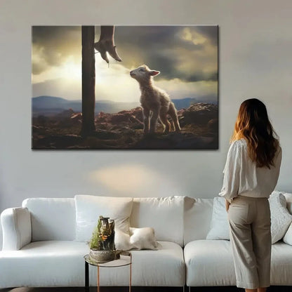 lamb looking up at feet of jesus wall art canvas (Landscape) (view 6)