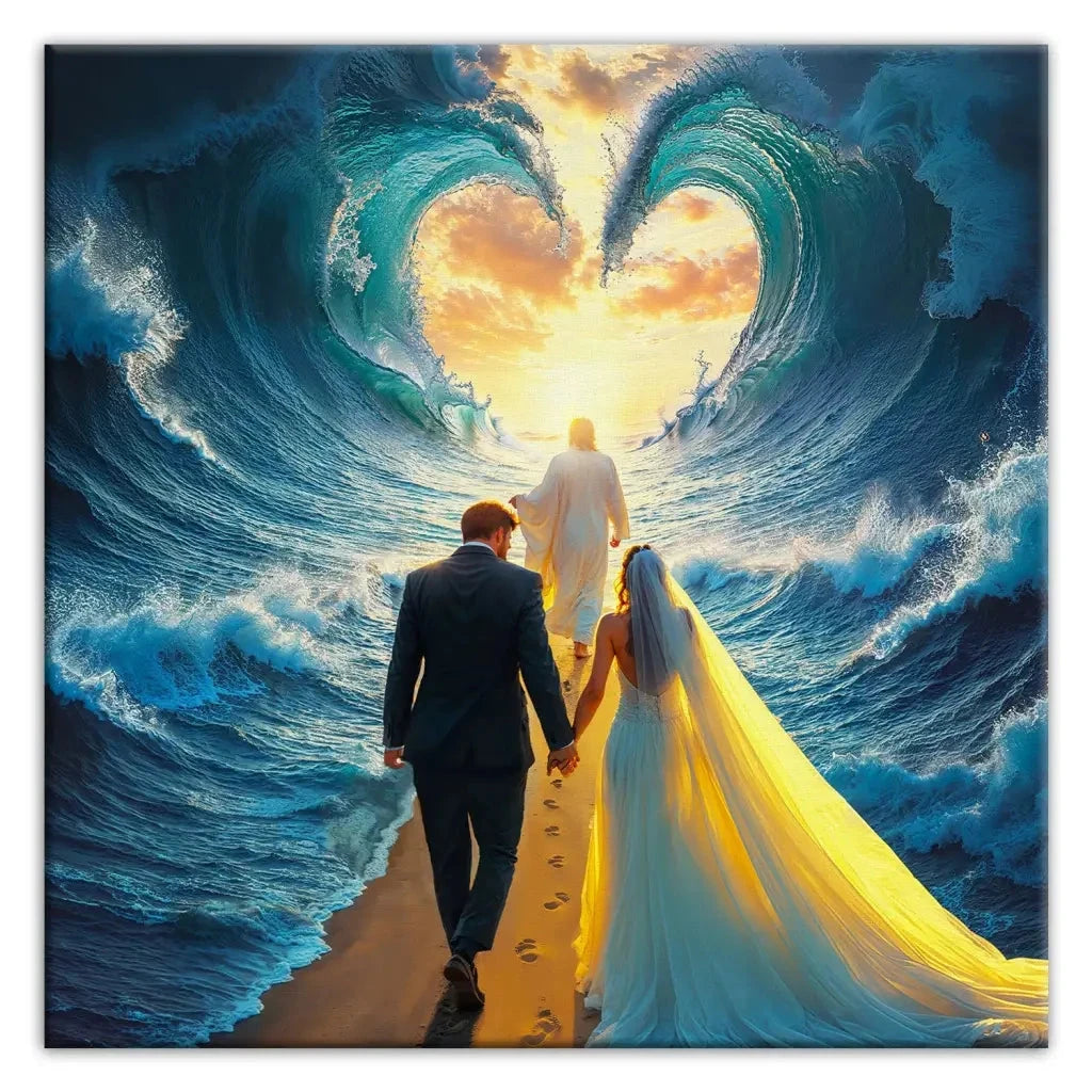 jesus leading a married couple through parted sea wall art canvas (view 9)