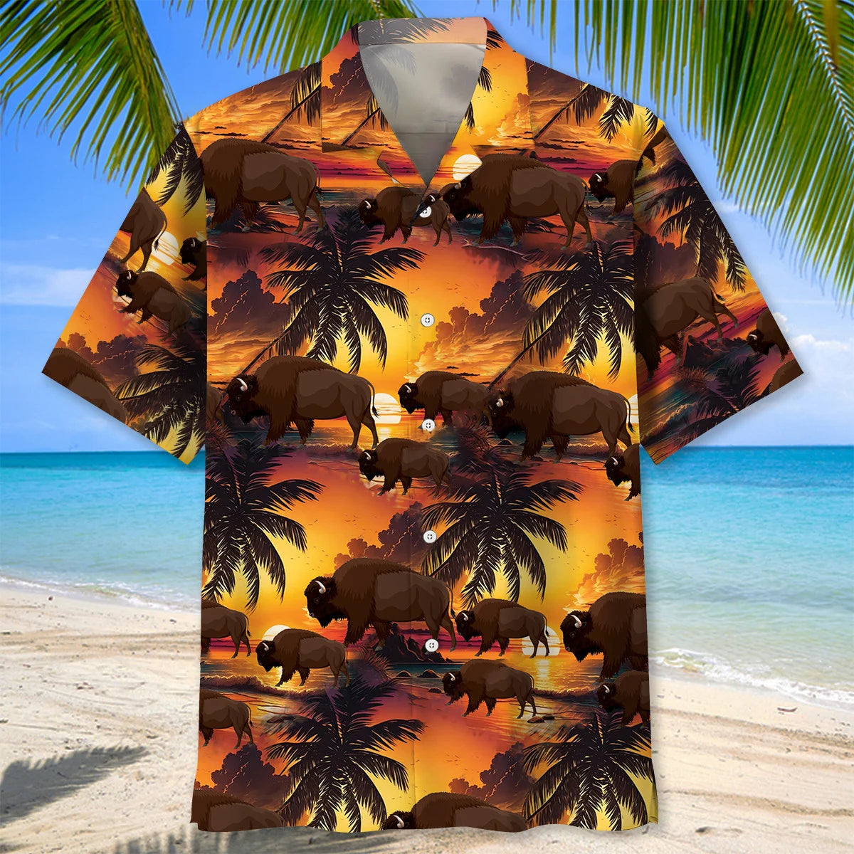Orange Bison Hawaiian Shirt, custom shirt gift for men (view 3)