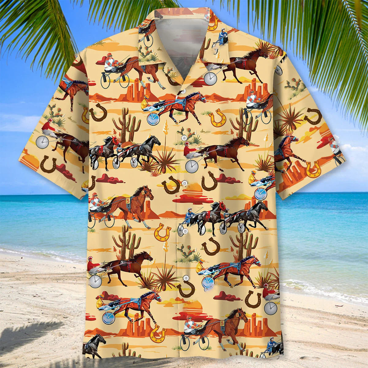 Orange Desert Horse Harness Racing Hawaiian Shirt, custom shirt gift for men