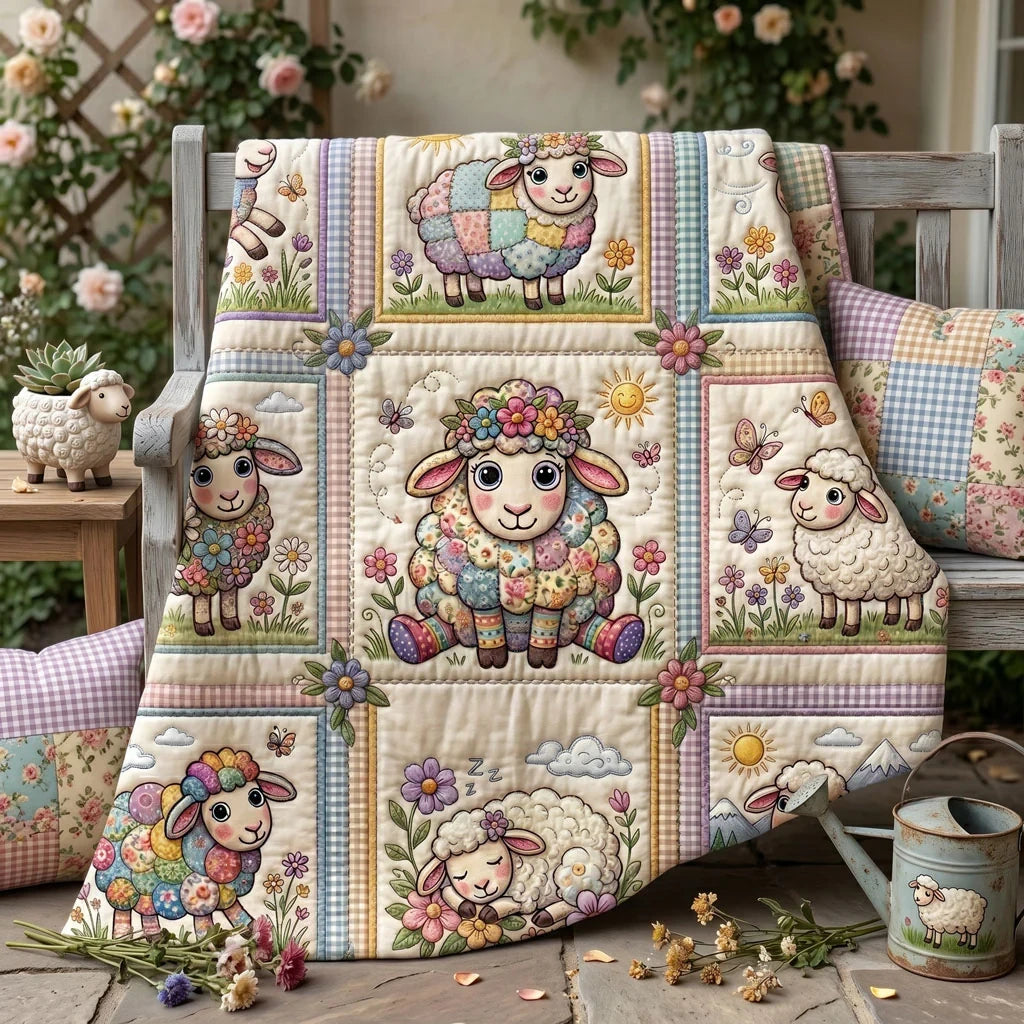 Pastel Meadow Sheep Quilt Blanket